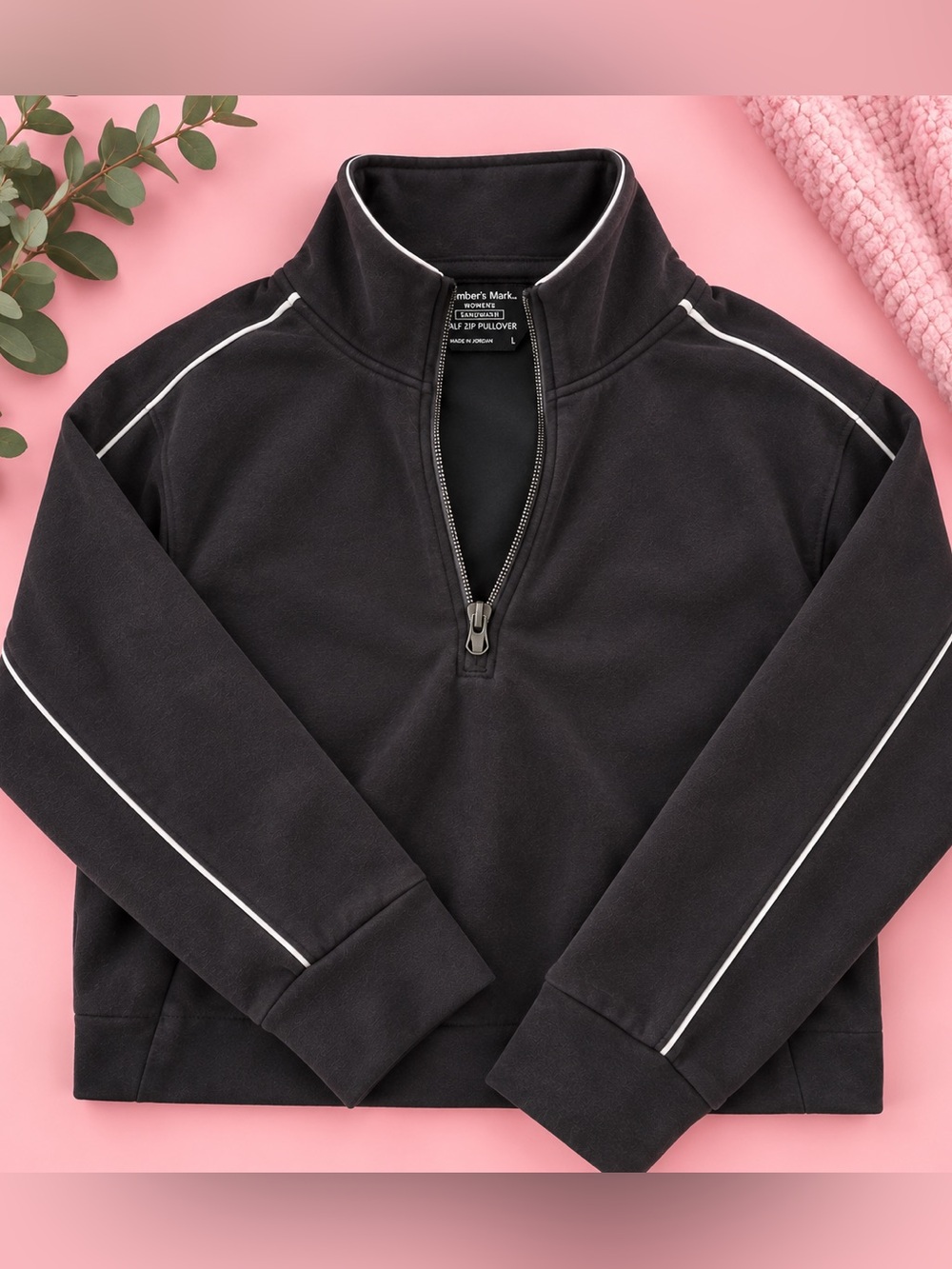 Member’s Mark Sandwash Half Zip Pullover Black White Piping Size L